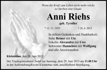 Traueranzeige von Anni Riehs von Neue Presse Coburg