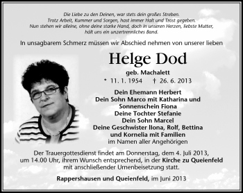 Traueranzeige von Helge Dod von Südthüringer Presse