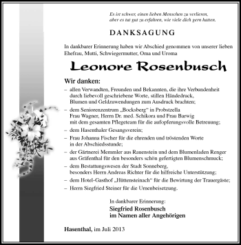 Traueranzeige von Leonore Rosenbusch von Südthüringer Presse