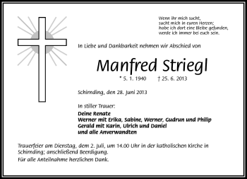 Traueranzeige von Manfred Striegl von Frankenpost