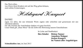 Traueranzeige von Hildegard Kaupert von Südthüringer Presse