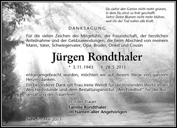 Traueranzeige von Jürgen Rondthaler von Südthüringer Presse
