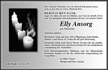 Traueranzeige von Elly Ansorg von Südthüringer Presse
