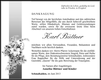 Traueranzeige von Karl Büttner von Südthüringer Presse
