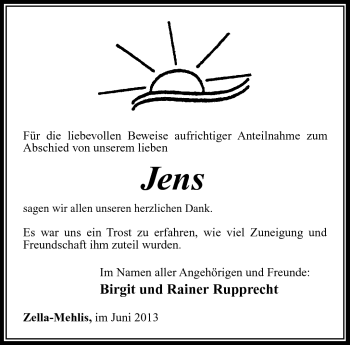 Traueranzeige von Jens Gerasch von Südthüringer Presse