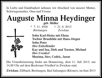Traueranzeige von Auguste Minna Heydinger von Südthüringer Presse