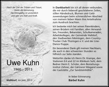 Traueranzeige von Uwe Kuhn von Südthüringer Presse