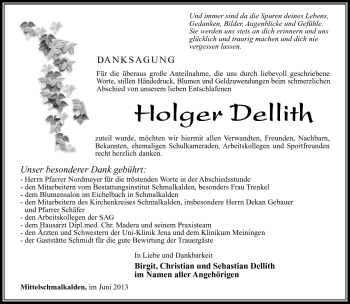 Traueranzeige von Holger Dellith von Südthüringer Presse