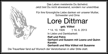 Traueranzeige von Lore Dittmar von Frankenpost