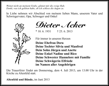 Traueranzeige von Dieter Acker von Südthüringer Presse
