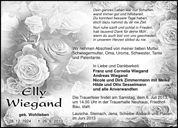 Traueranzeige von Elly Wiegand von Südthüringer Presse