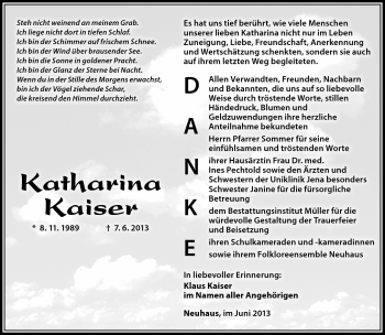 Traueranzeige von Katharina Kaiser von Südthüringer Presse