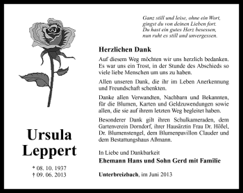 Traueranzeige von Ursula Leppert von Südthüringer Presse
