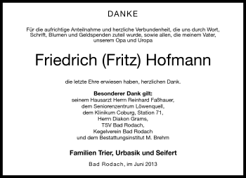 Traueranzeige von Friedrich Hofmann von Neue Presse Coburg