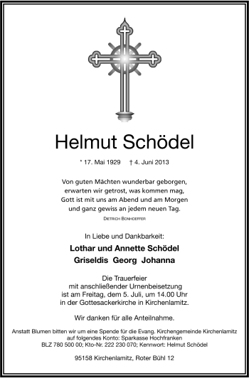Traueranzeige von Helmut Schödel von Frankenpost