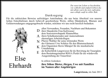 Traueranzeige von Else Ehrhardt von Südthüringer Presse