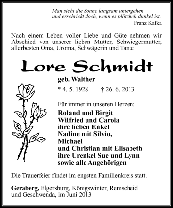 Traueranzeige von Lore Schmidt von Südthüringer Presse