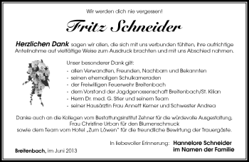 Traueranzeige von Fritz Schneider von Südthüringer Presse