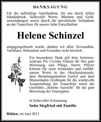 Traueranzeige von Helene Schinzel von Südthüringer Presse