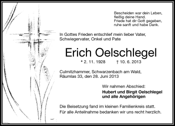 Traueranzeige von Erich Oelschlegel von Frankenpost