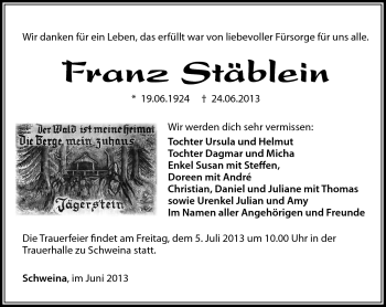 Traueranzeige von Franz Stäblein von Südthüringer Presse