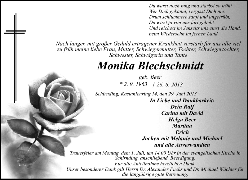  Traueranzeige für Monika Blechschmidt vom 29.06.2013 aus Frankenpost