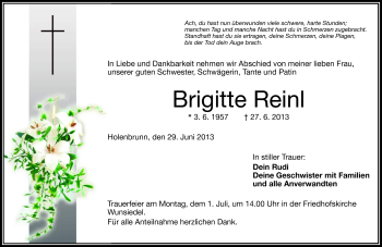 Traueranzeige von Brigitte Reinl von Frankenpost