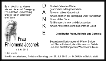 Traueranzeige von Philomena Jeschek von Frankenpost