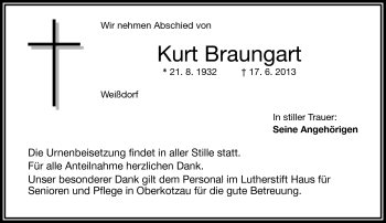 Traueranzeige von Kurt Braungart von Frankenpost