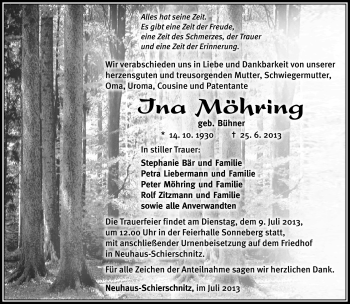 Traueranzeige von Ina Möhring von Südthüringer Presse