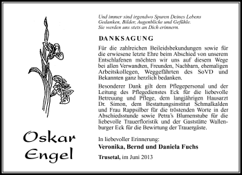 Traueranzeige von Oskar Engel von Südthüringer Presse