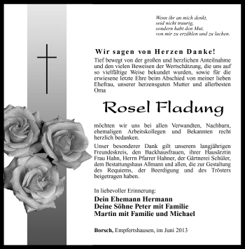 Traueranzeige von Rosel Fladung von Südthüringer Presse