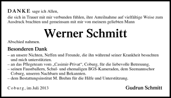 Traueranzeige von Werner Schmitt von Neue Presse Coburg