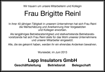 Traueranzeige von Brigitte Reinl von Frankenpost