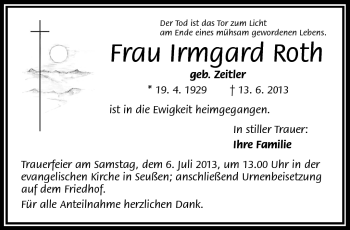 Traueranzeige von Irmgard Roth von Frankenpost