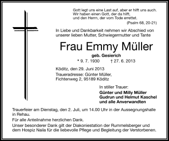 Traueranzeige von Emmy Müller von Frankenpost