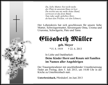 Traueranzeige von Elisabeth Müller von Südthüringer Presse