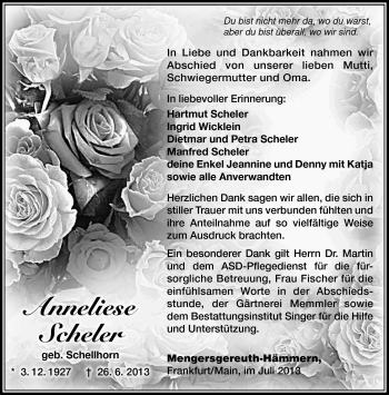 Traueranzeige von Anneliese Scheler von Südthüringer Presse