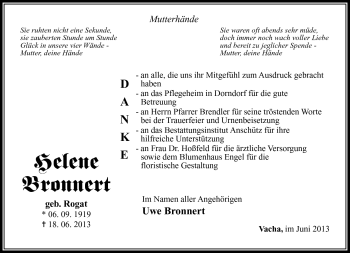 Traueranzeige von Helene Bronnert von Südthüringer Presse