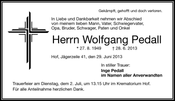 Traueranzeige von Wolfgang Pedall von Frankenpost