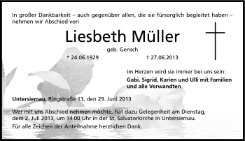 Traueranzeige von Liesbeth Müller von Neue Presse Coburg