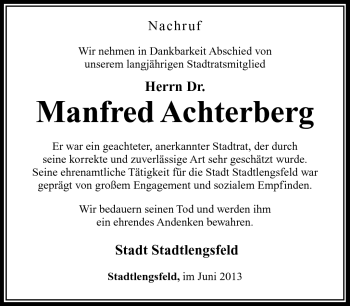 Traueranzeige von Manfred Achterberg von Südthüringer Presse