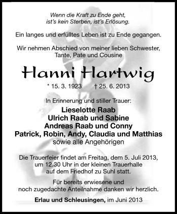 Traueranzeige von Hanni Hartwig von Südthüringer Presse
