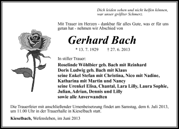 Traueranzeige von Gerhard Bach von Südthüringer Presse