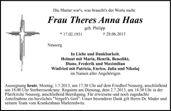 Traueranzeige von Theres Anna Haas von Frankenpost