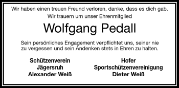 Traueranzeige von Wolfgang Pedall von Frankenpost