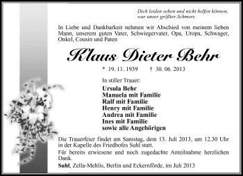 Traueranzeige von Klaus Dieter Behr von Südthüringer Presse