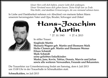 Traueranzeige von Hans-Joachim Martin von Südthüringer Presse
