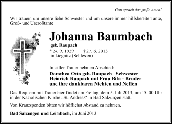 Traueranzeige von Johanna Baumbach von Südthüringer Presse