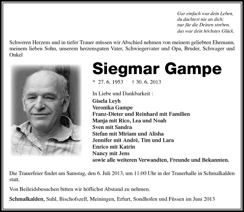  Traueranzeige für Siegmar Gampe vom 03.07.2013 aus Südthüringer Presse